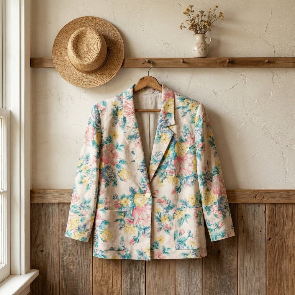 Vintage Floral Jacket with Pin | Lightweight Summer Jacket |
